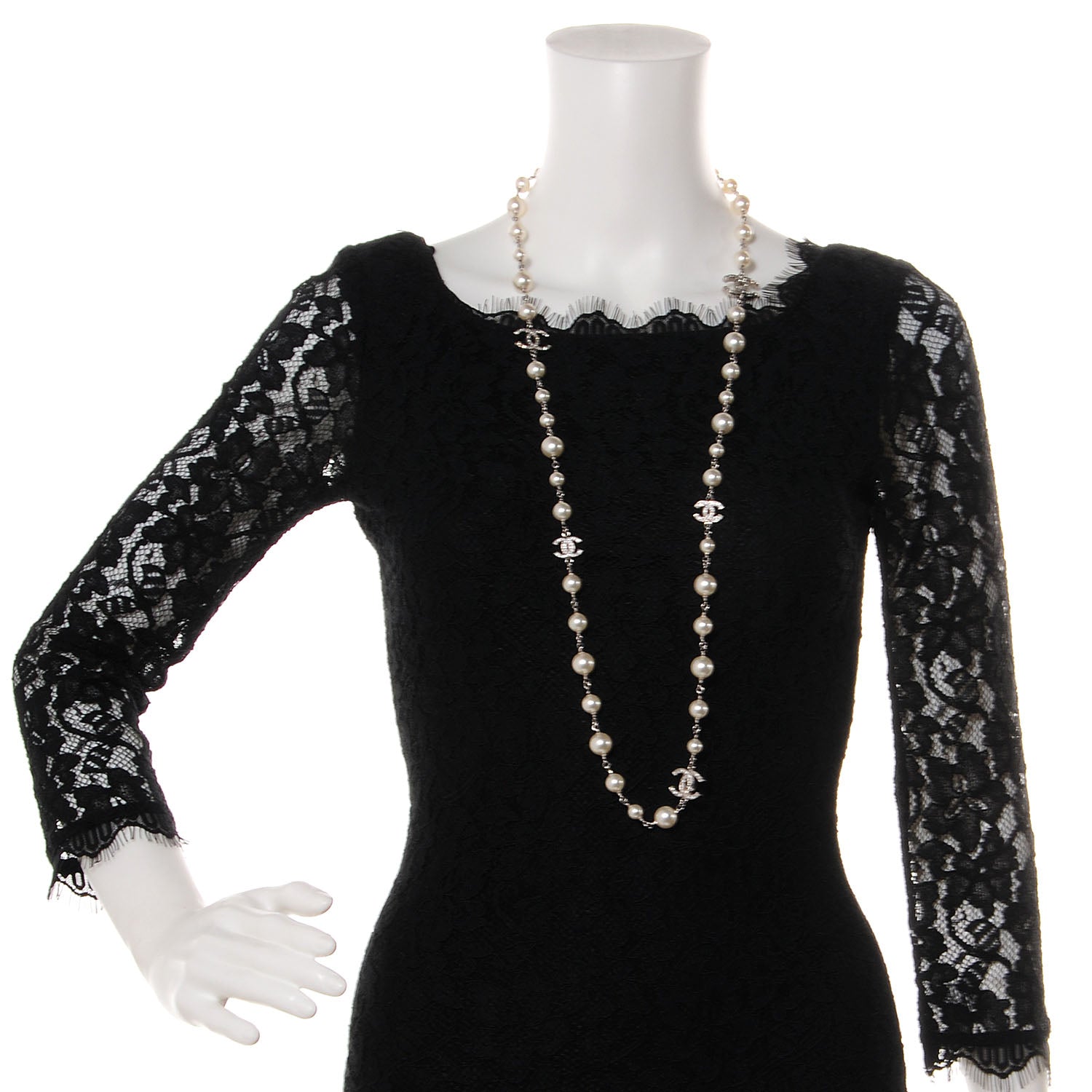 Chanel Crystal Pearl CC Long Necklace Silver 2 of 6