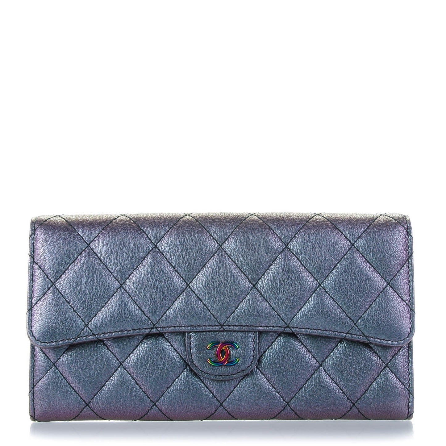 Iridescent Goatskin Quilted Large Gusset Flap Wallet Purple