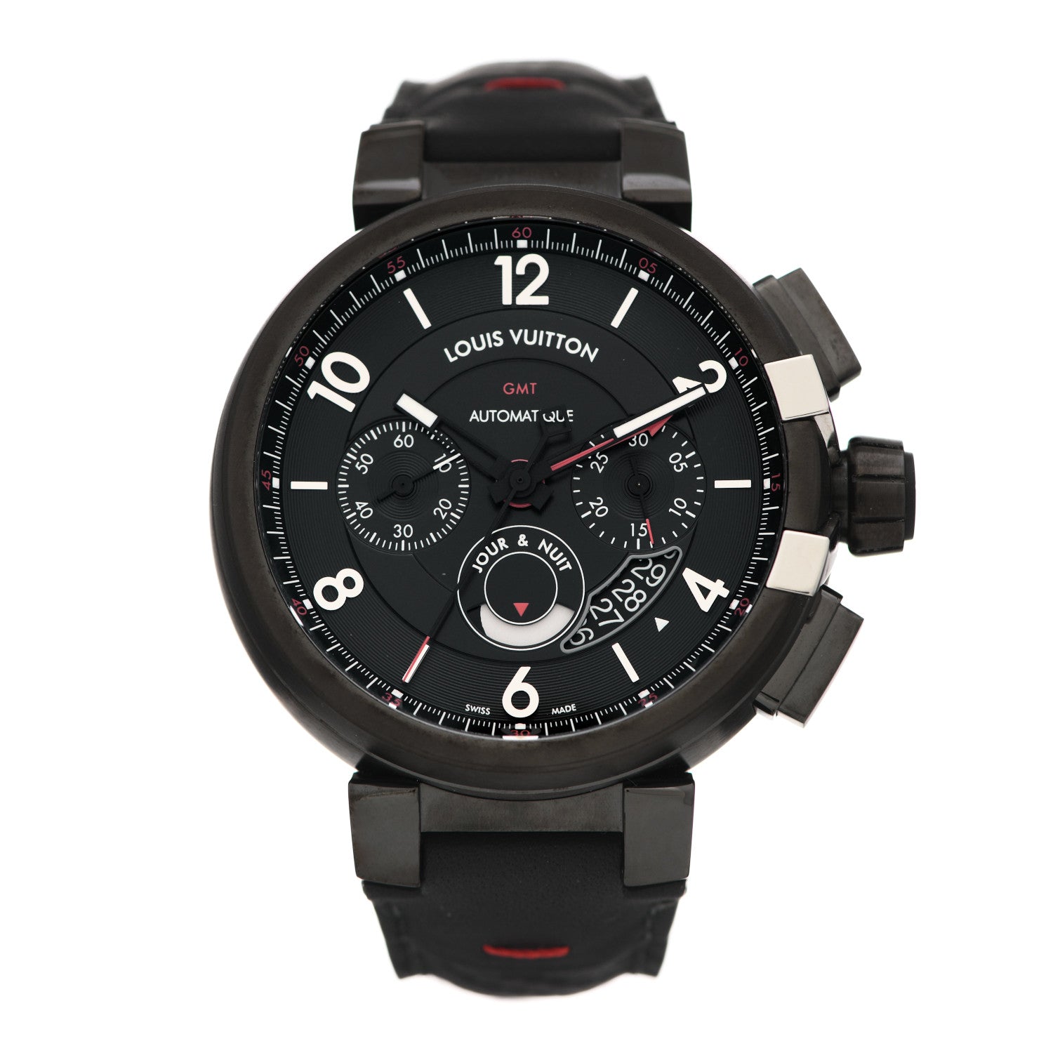 Louis Vuitton Stainless Steel Calfskin 45mm Tambour Chronograph GMT Automatic Watch Black 1 of 5