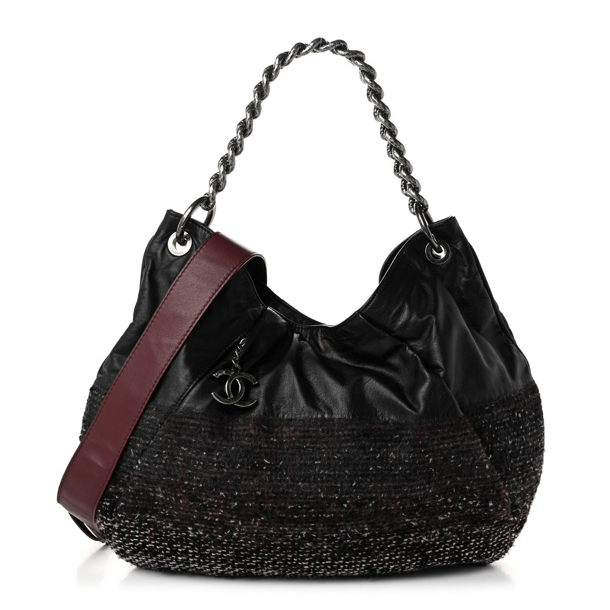 Calfskin Tweed Coco Pleats Hobo Black Burgundy