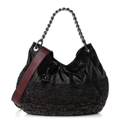 Chanel Calfskin Tweed Coco Pleats Hobo Black Burgundy 1 of 10