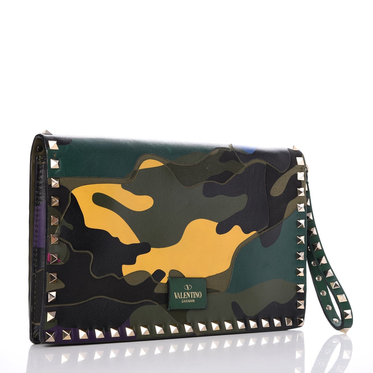Nappa Canvas Camouflage Rockstud Wristlet Clutch Multicolor