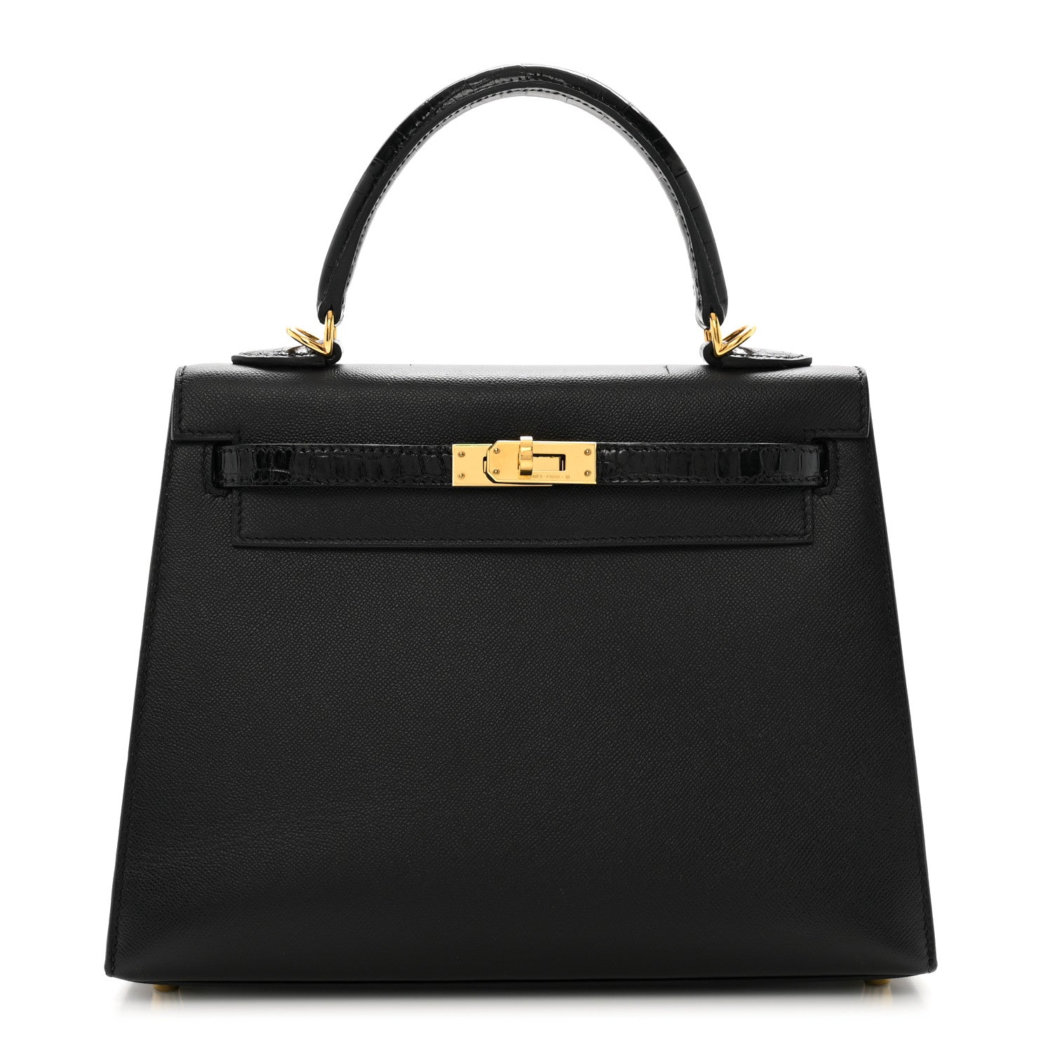 Hermes Madame Calfskin Shiny Niloticus Crocodile Kelly Sellier Touch 25 Black 1 of 12
