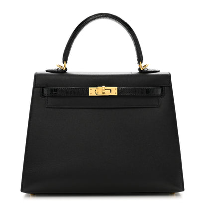 Hermes Madame Calfskin Shiny Niloticus Crocodile Kelly Sellier Touch 25 Black 1 of 12