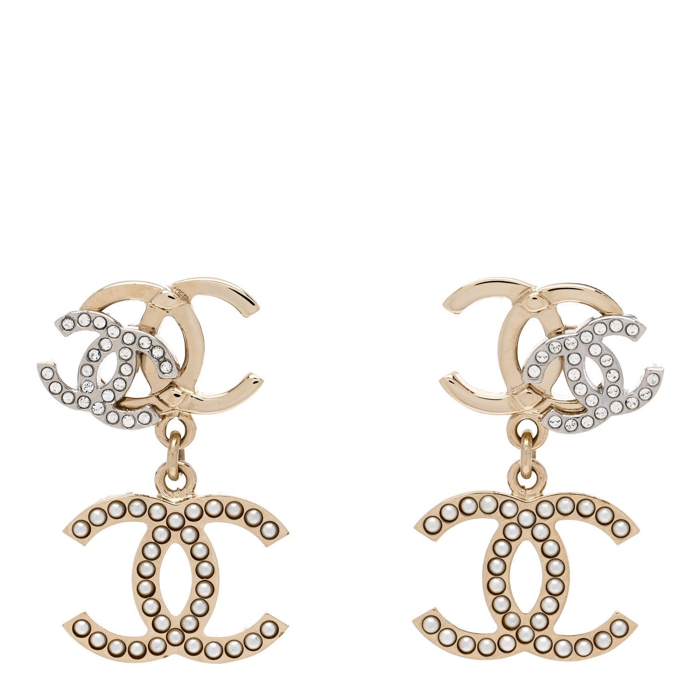 Crystal Pearl Double CC Drop Earrings Gold Silver