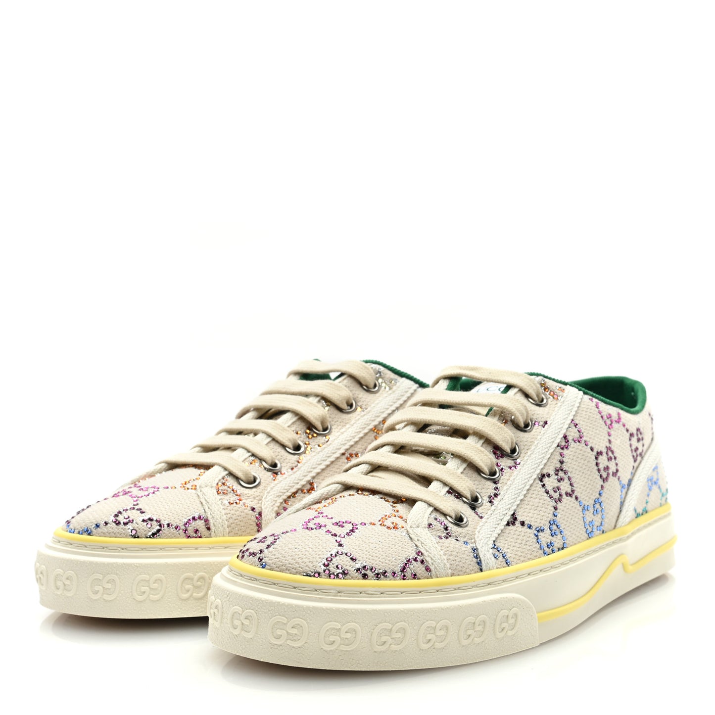 Canvas Lame Crystal GG Monogram Womens 1977 Tennis Sneakers 39.5 Gardenia Silver Mystic White