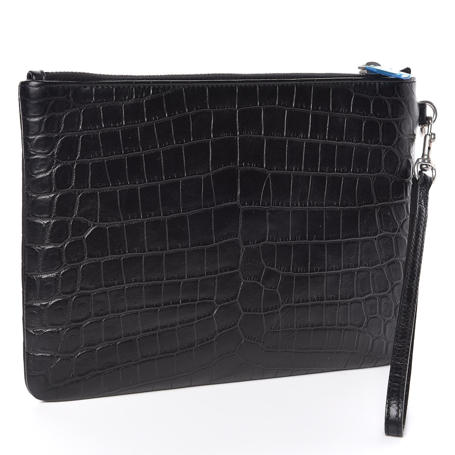 Saint Laurent Calfskin Crocodile Embossed Monogram Zip Pouch Black 3 of 8