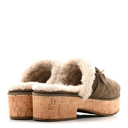 Chanel Suede Calfskin Shearling Turn Lock Clogs 38 Green 5 of 13