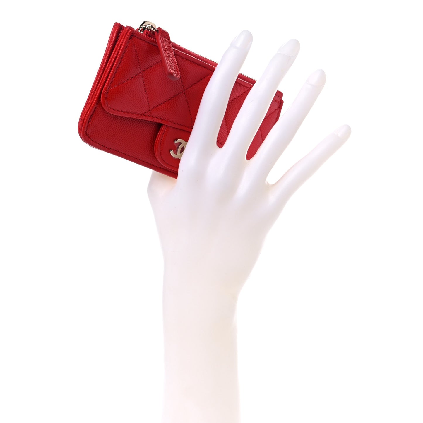 Caviar Quilted Flap Zip Card Holder Red