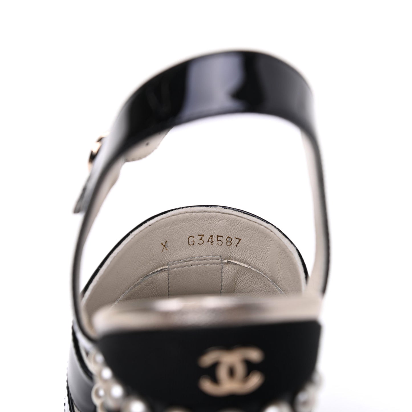 Patent Calfskin Grosgrain Pearl CC Wedge Sandals 38.5 Black
