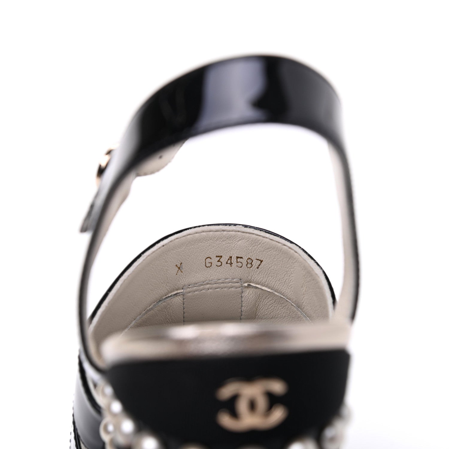 Chanel Patent Calfskin Grosgrain Pearl CC Wedge Sandals 38.5 Black 8 of 9