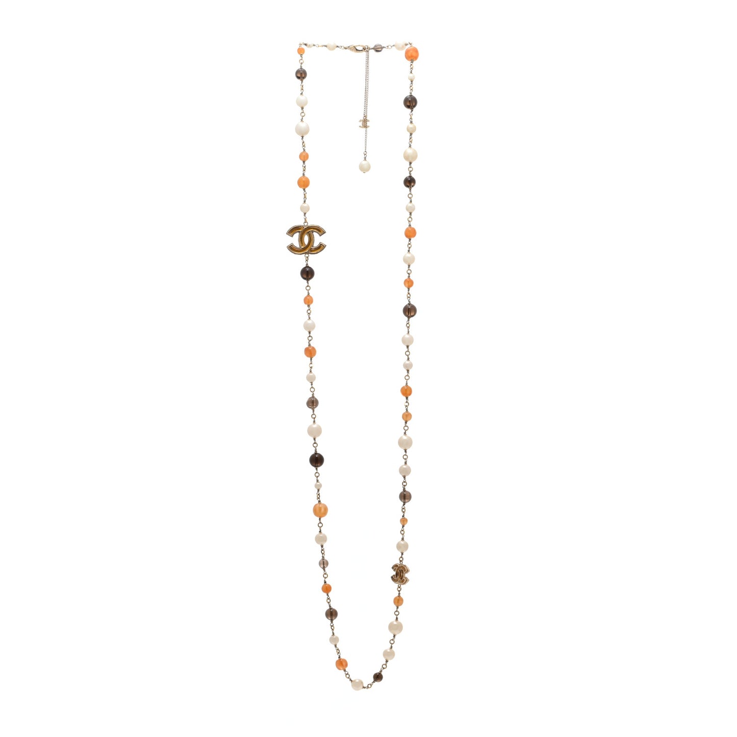 Enamel Bead Pearl CC Long Necklace Brown Gold