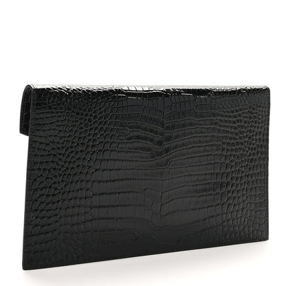 Saint Laurent Calfskin Crocodile Embossed Uptown Monogram Pouch Black 3 of 7