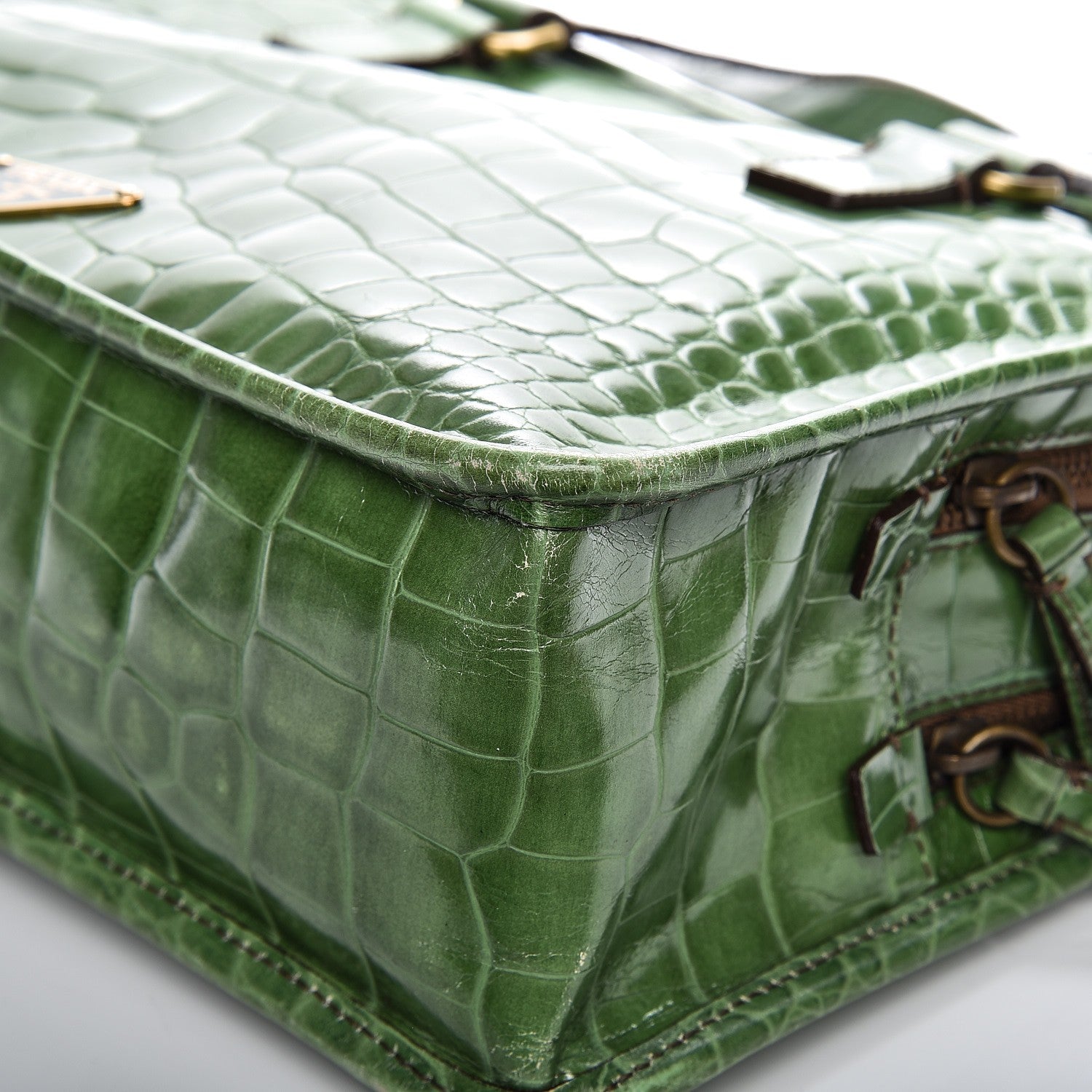 Prada Shiny Calfskin Crocodile Embossed Double Zip Bauletto Larice 12 of 15