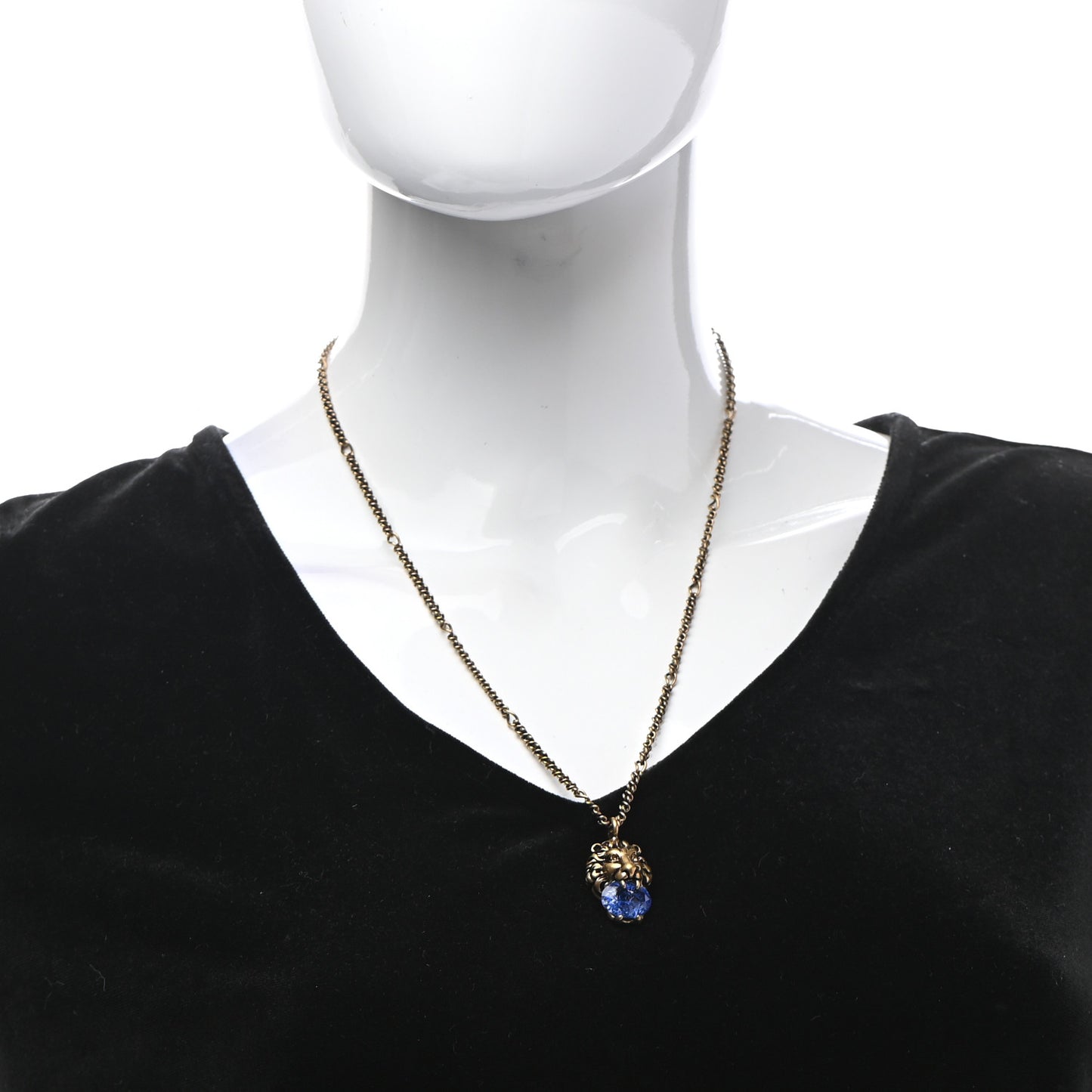 Metal Brass Swarovski Lion Head Necklace Gold Sapphire Blue