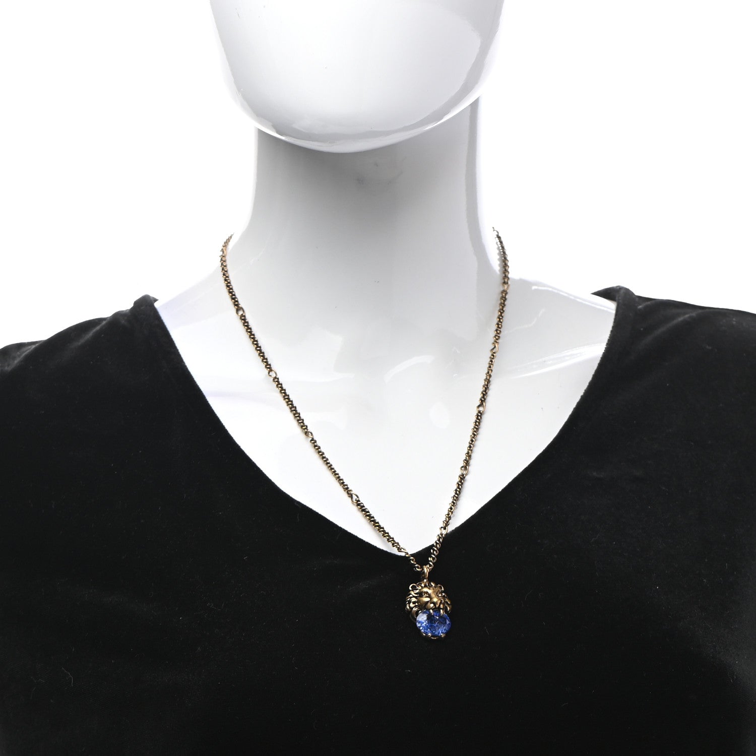 Gucci Metal Brass Swarovski Lion Head Necklace Gold Sapphire Blue 2 of 7
