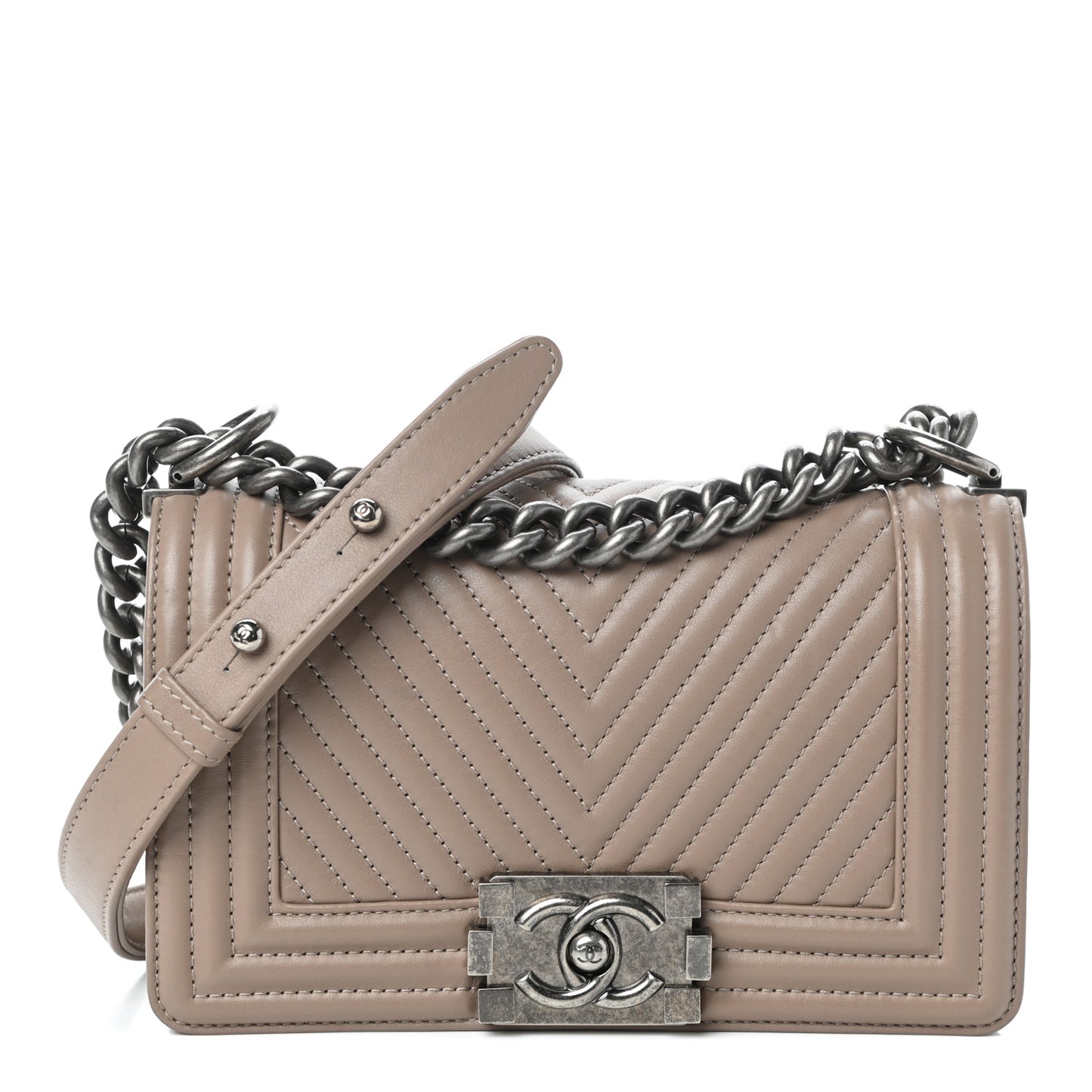 Calfskin Chevron Quilted Small Boy Flap Taupe