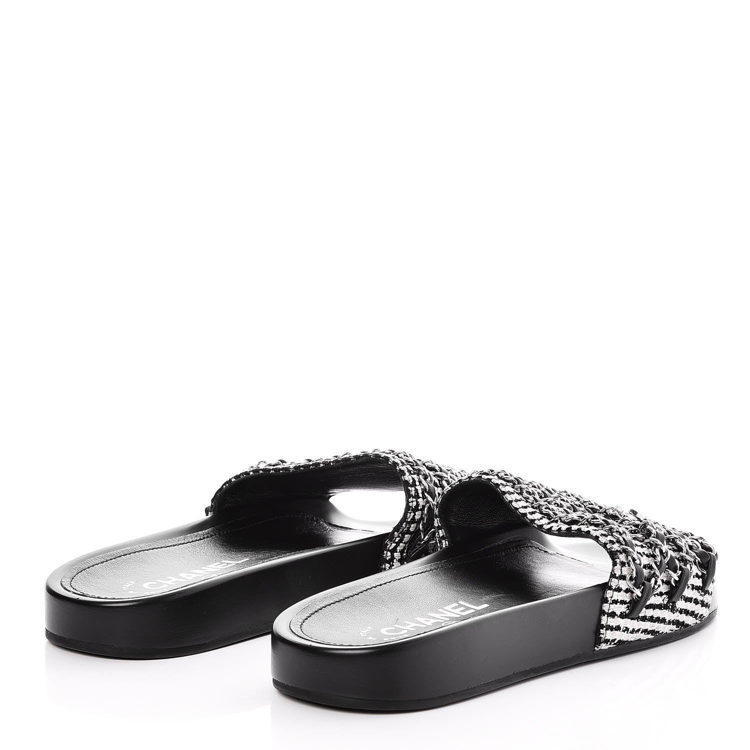 Chanel Tweed Lambskin Chain Flat Sandals 37 Black White 4 of 8