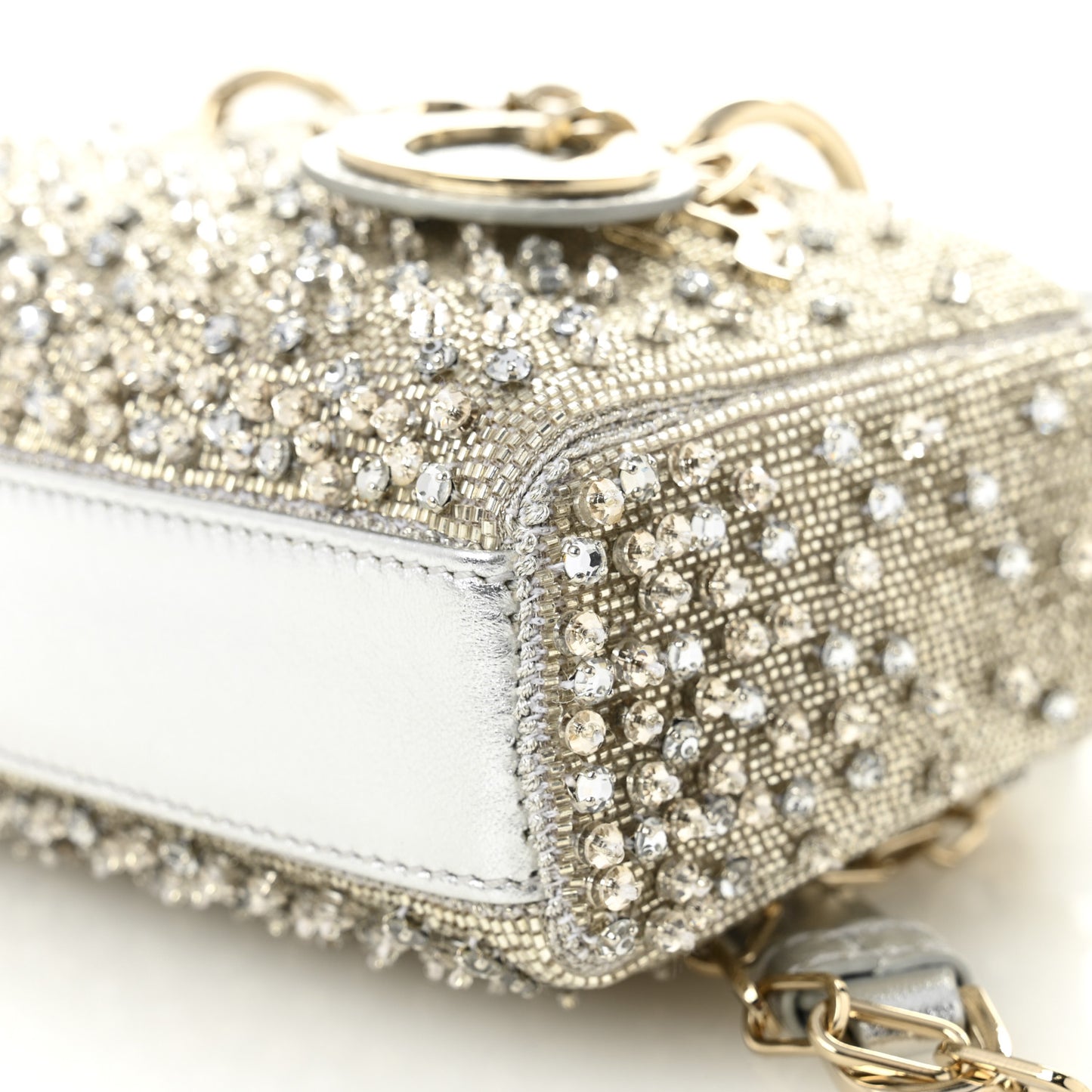 Metallic Lambskin Crystal Beaded Embroidered Micro Lady D-Joy Silver