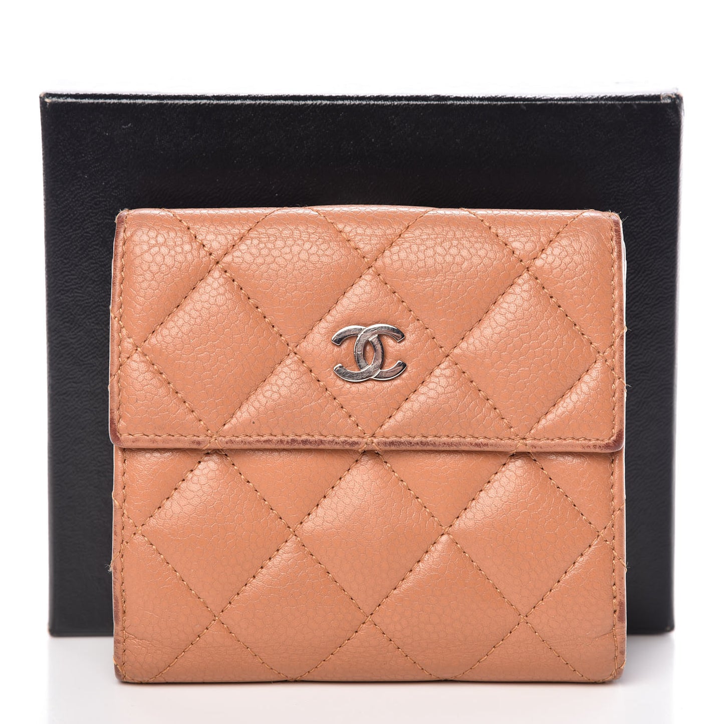 Caviar Quilted Compact French Flap Wallet Dark Beige