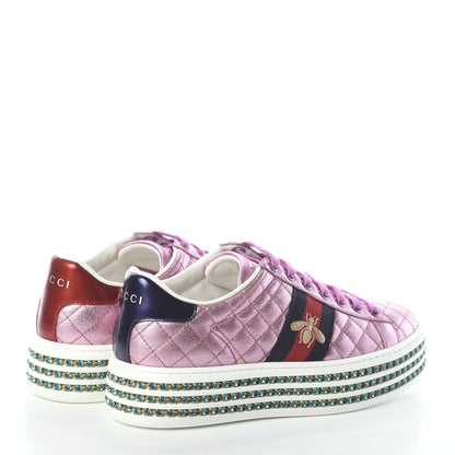 Gucci Laminated Nappa Crystal Web Bee Embroidered Trapuntata Womens Ace Platform Sneakers 35.5 Rosa 4 of 7