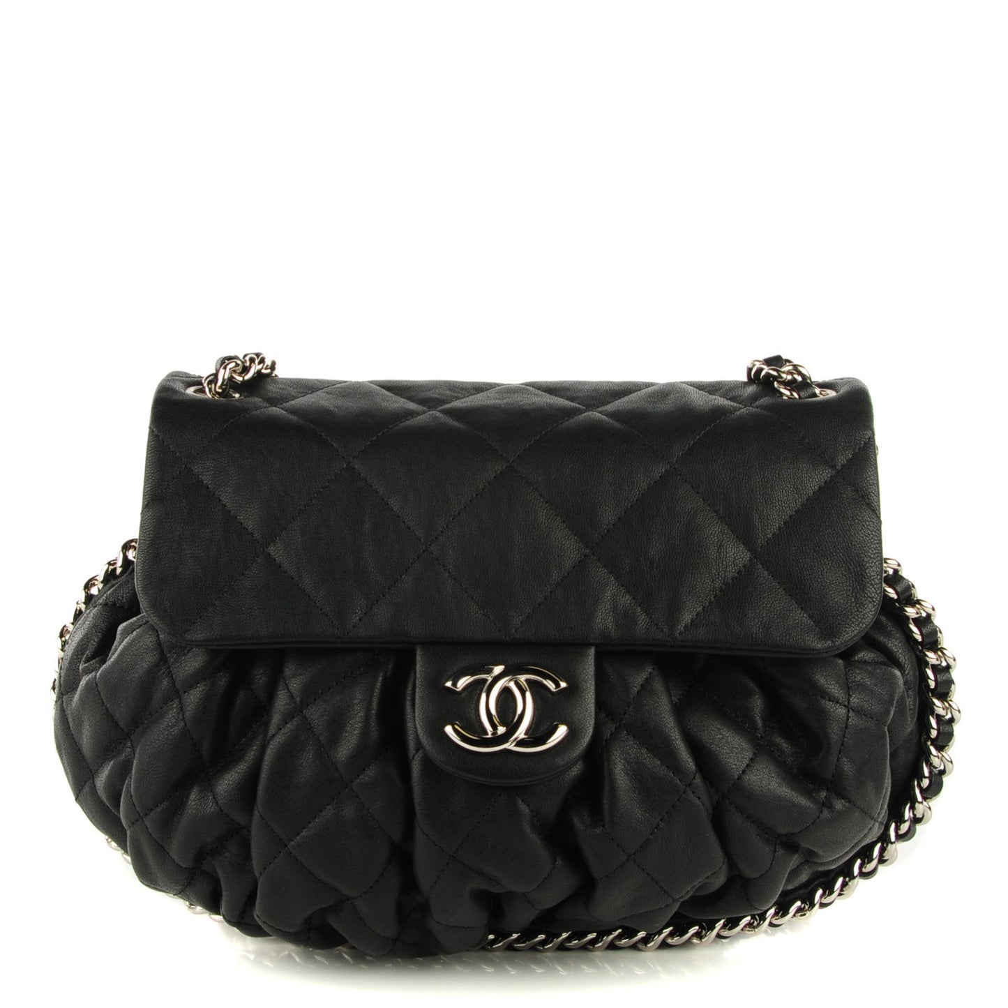 Washed Lambskin Quilted Medium Chain Around Messenger Black