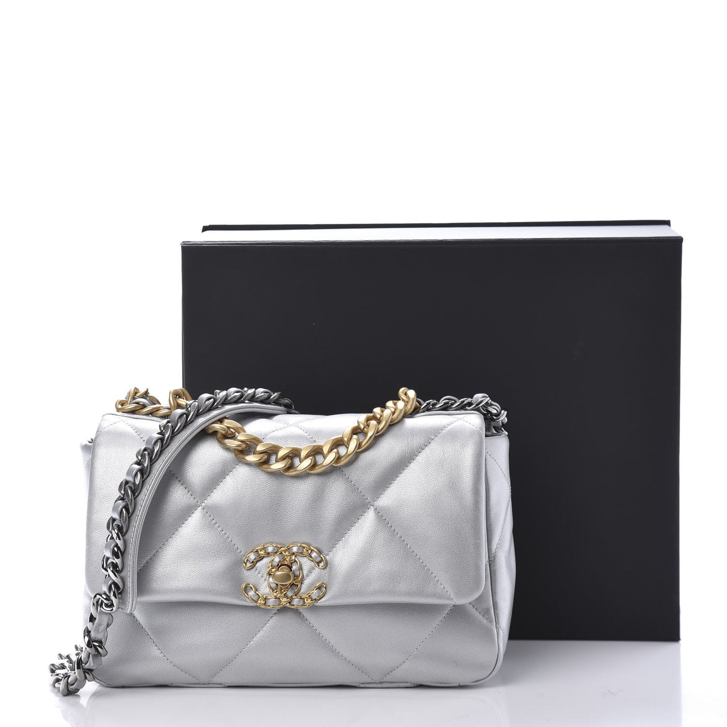 Metallic Goatskin Quilted Medium 19 Flap Silver
