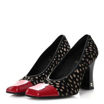 Chanel Pony Hair Lambskin Patent Cap Toe Pumps 40 Black White Dark Red 4 of 10