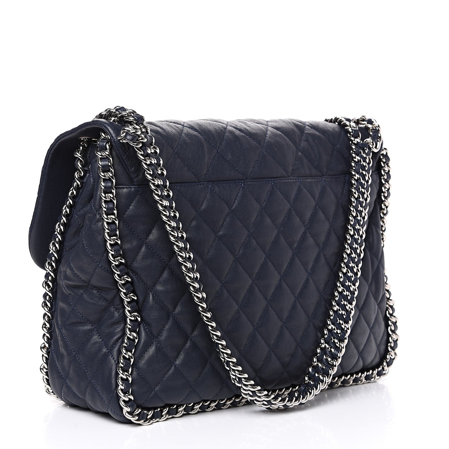 Washed Lambskin Quilted Chain Around Maxi Flap Dark Navy Blue