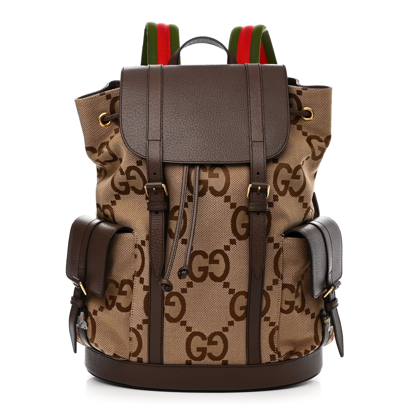 Monogram Jumbo GG Textured Dollar Calfskin Web Double Buckle Backpack Camel Ebony New Acero