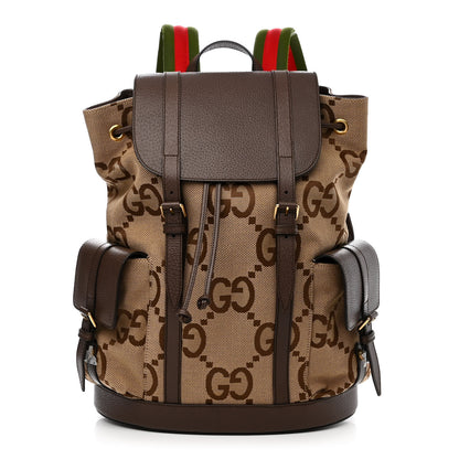 Gucci Monogram Jumbo GG Textured Dollar Calfskin Web Double Buckle Backpack Camel Ebony New Acero 1 of 13