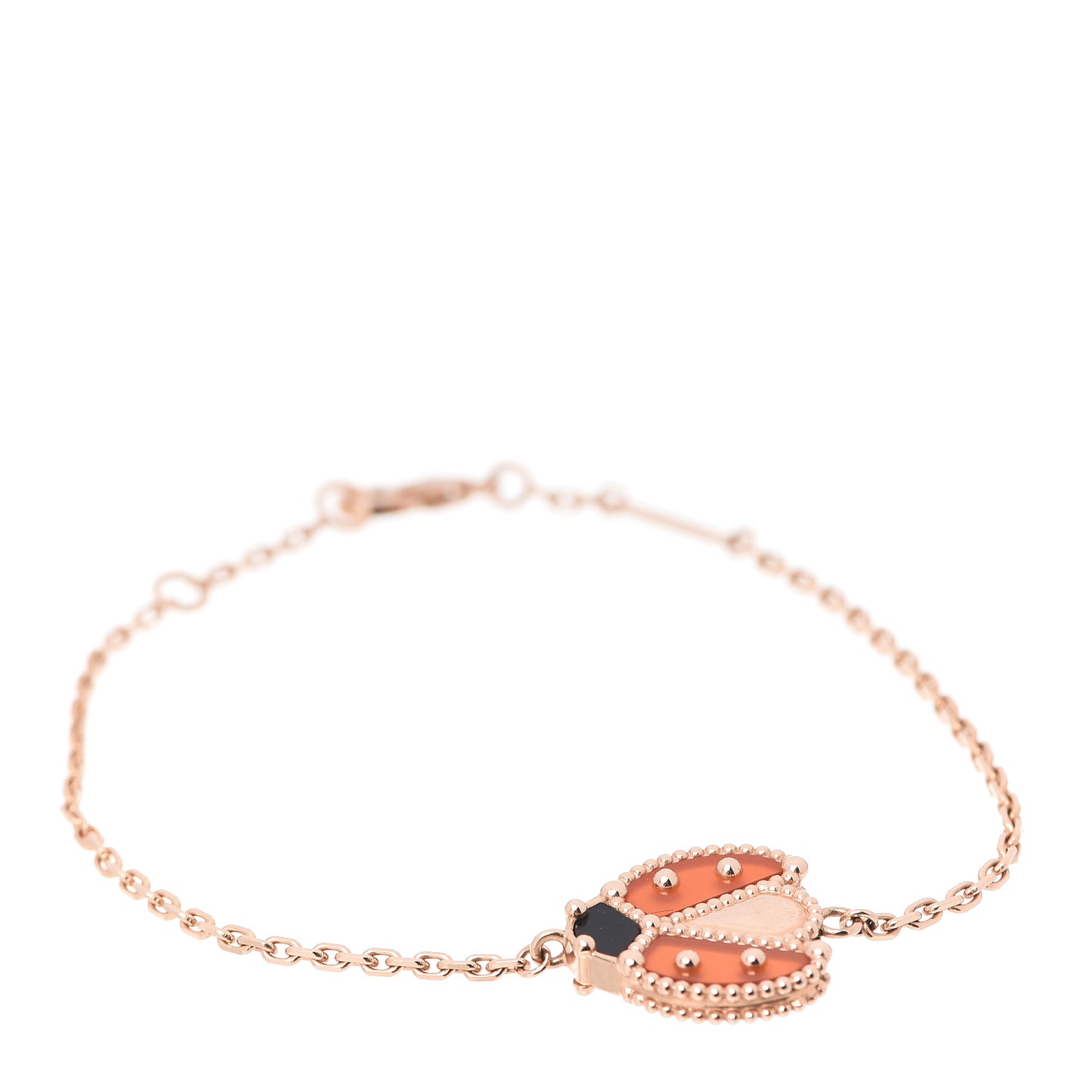 18K Rose Gold Carnelian Onyx Lucky Spring Open Wing Lady Bug Bracelet