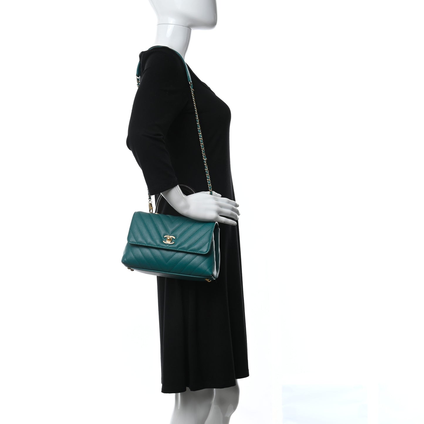 Caviar Lizard Embossed Chevron Quilted Mini Coco Handle Flap Green