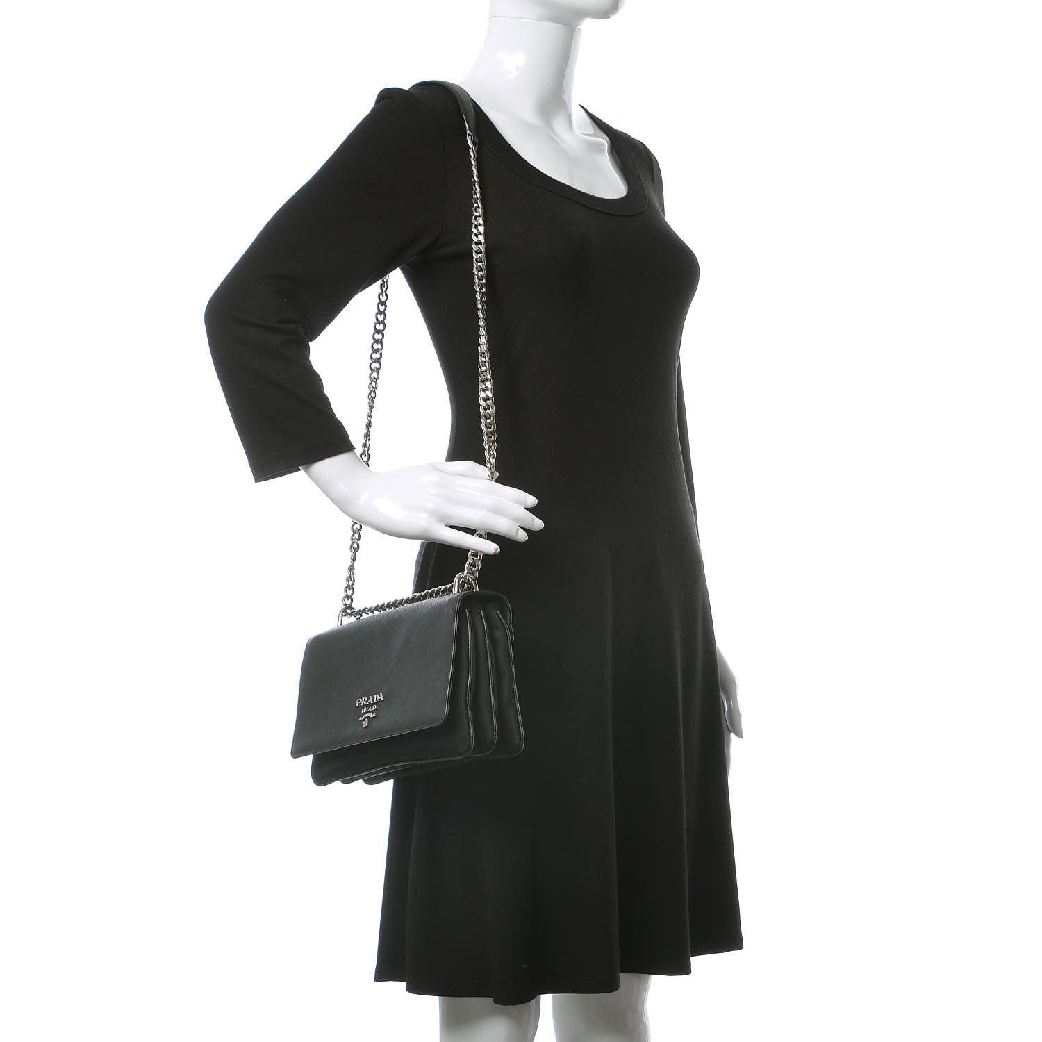 Prada Saffiano Tessuto Nylon Chain Shoulder Bag Black 2 of 9