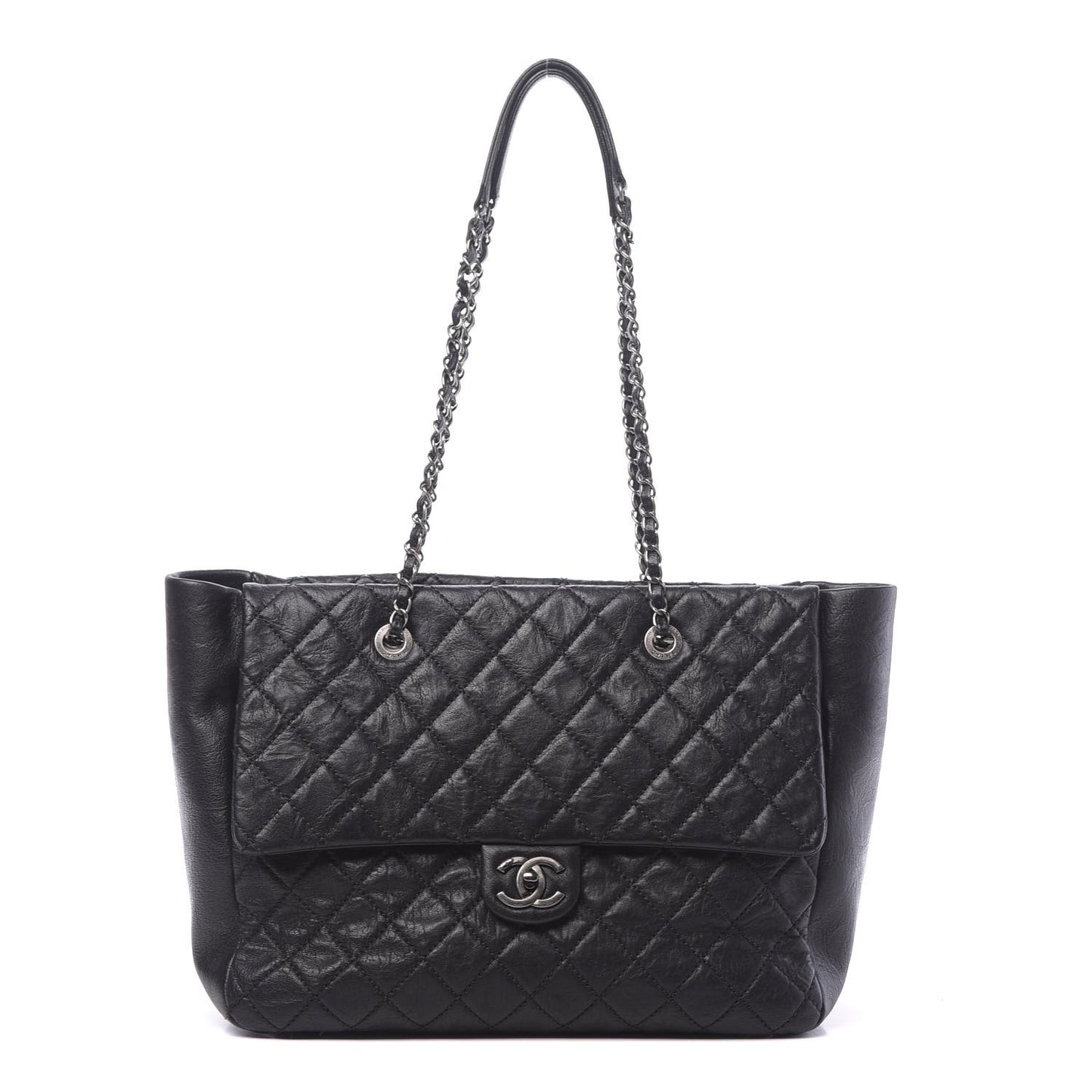 Crumpled Lambskin Quilted Large Tote Black