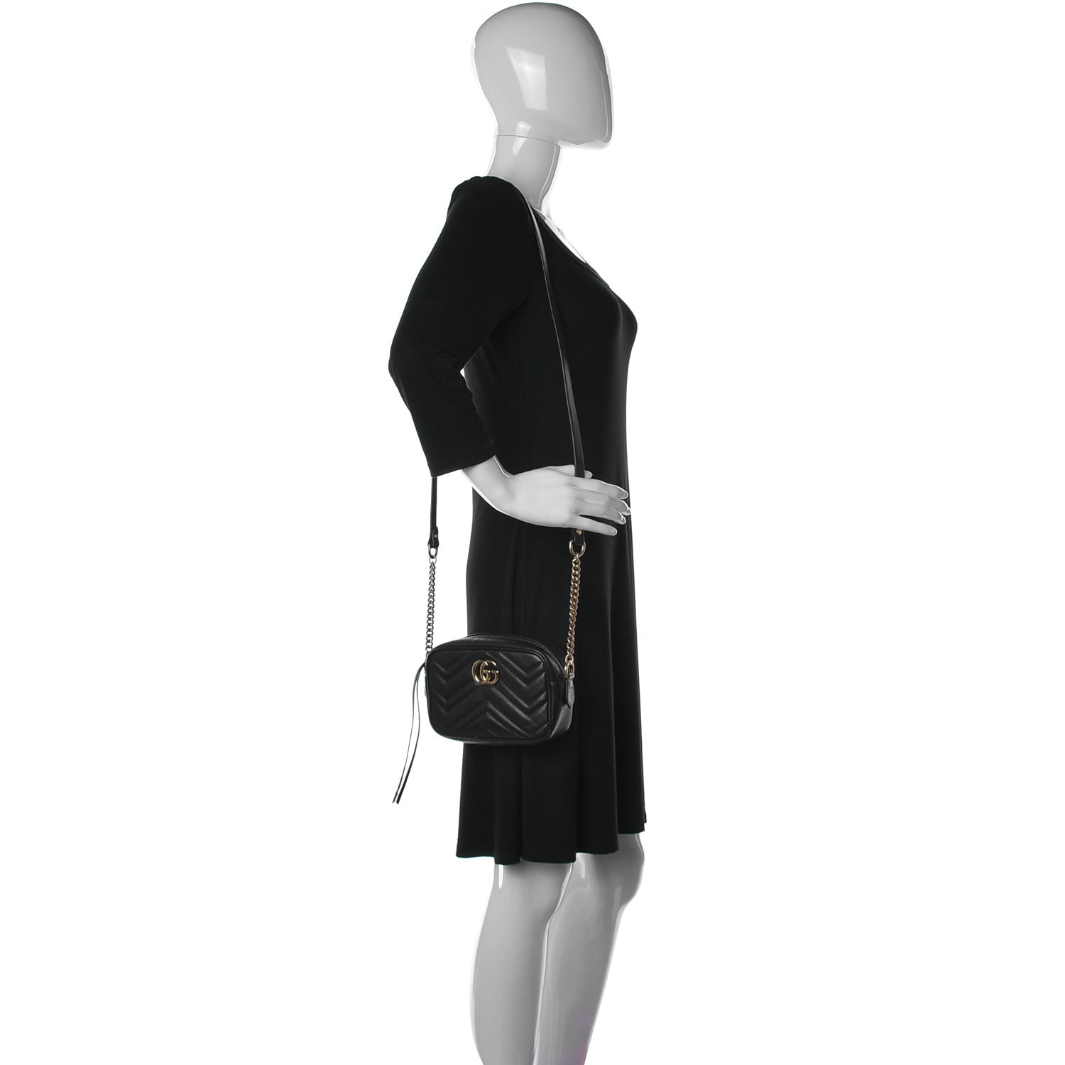 Gucci Calfskin Matelasse Mini GG Marmont Chain Shoulder Bag Black 2 of 14