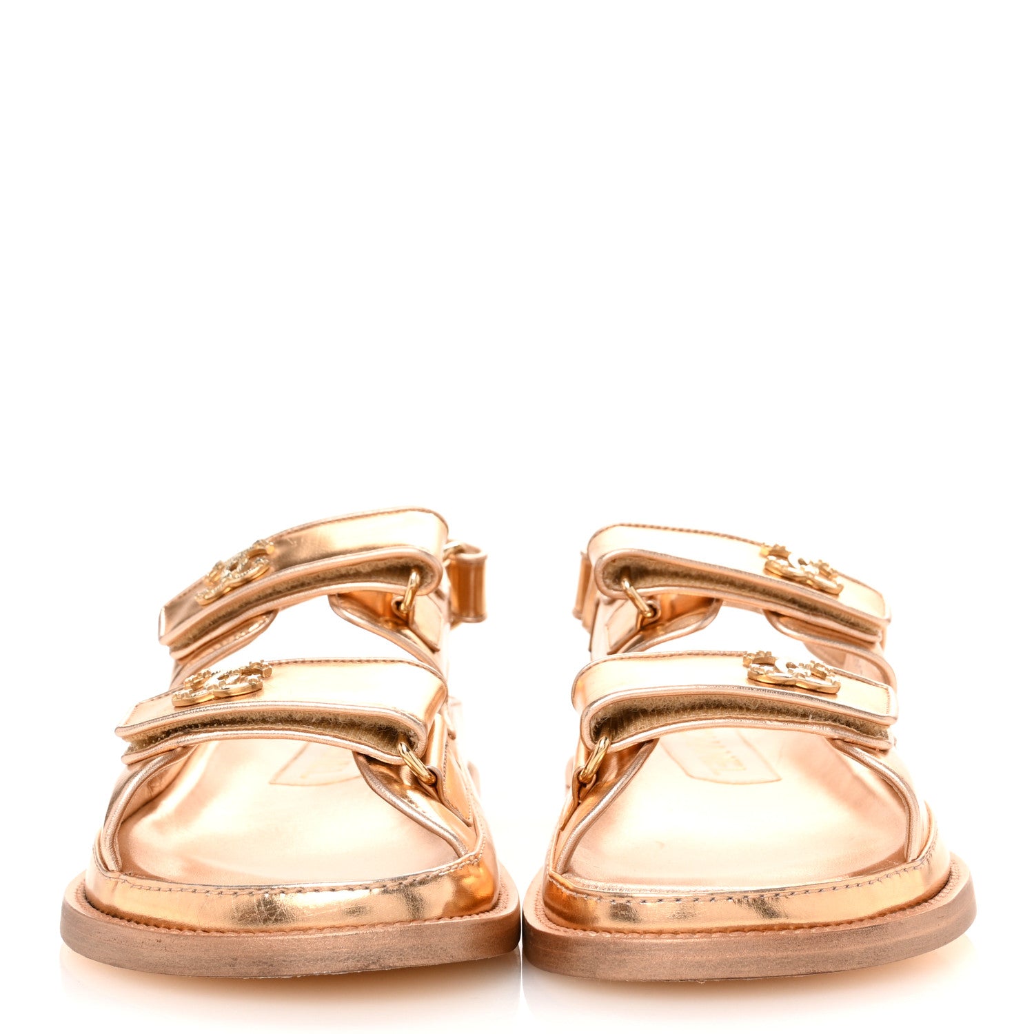 シャネル★ Chanel Metallic Laminated Calfskin Velcro Dad Sandals 36 Golden