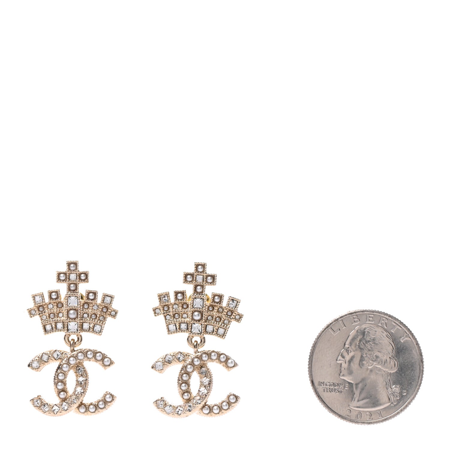 Chanel Crystal CC Crown Drop Earrings Gold 2 of 4