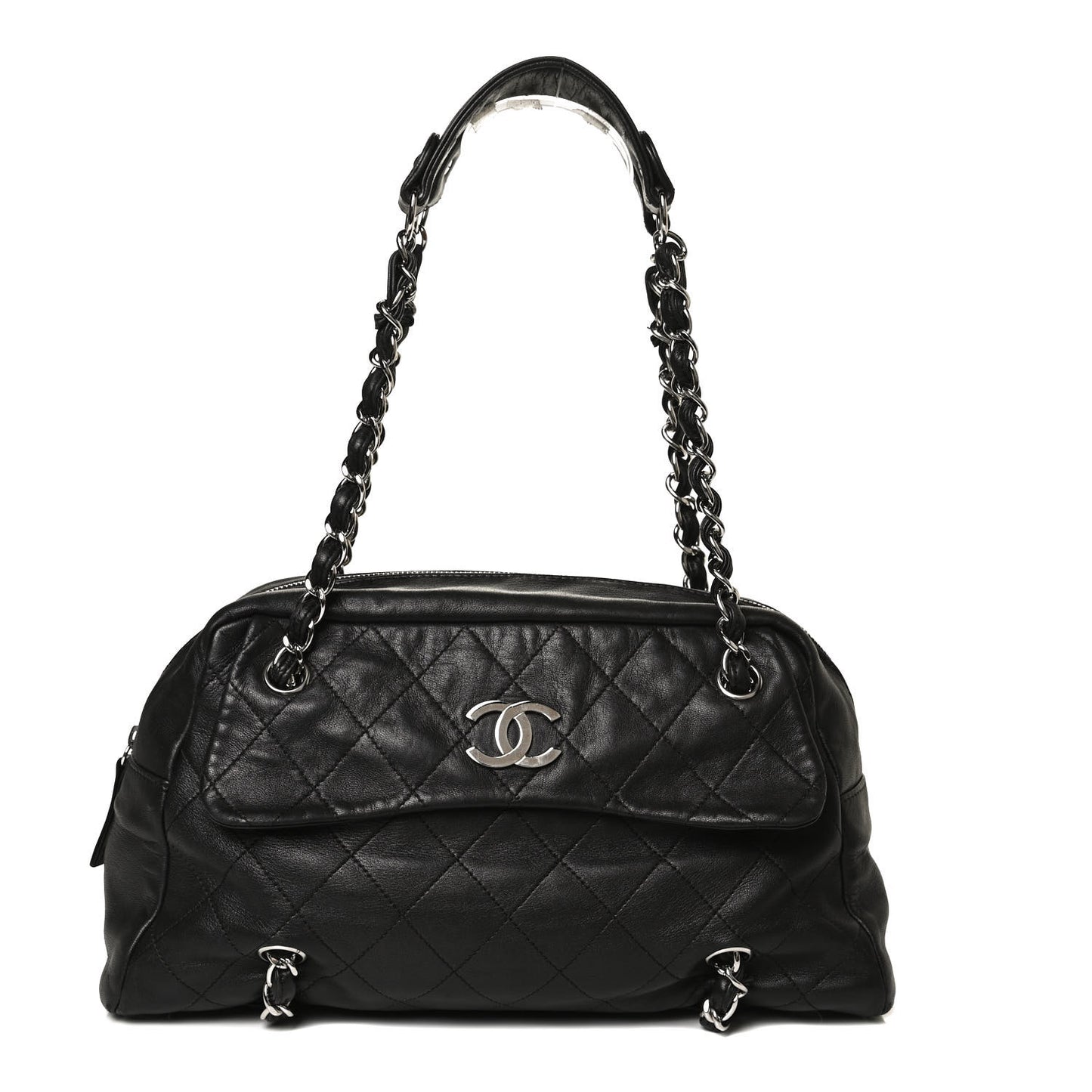 Lambskin Quilted Medium Chain Around Tote Black