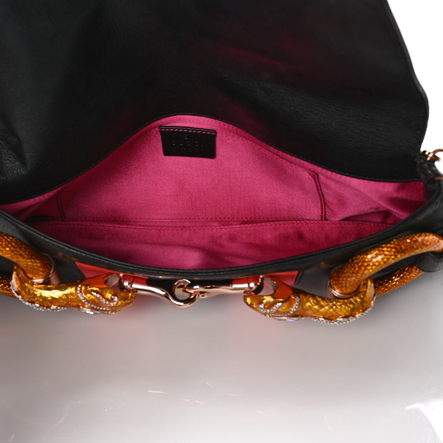 Calfskin Lizard Satin Studded Crystal Horsebit Clutch Pink Black