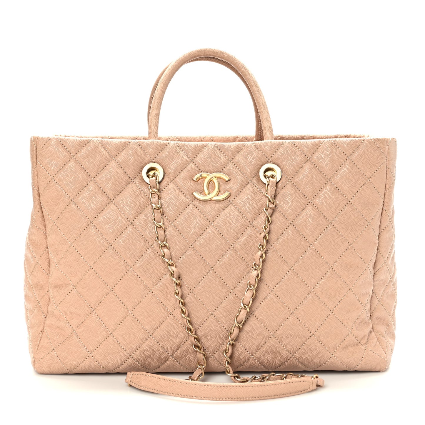 Caviar Quilted Large Coco Handle Shopping Tote Beige