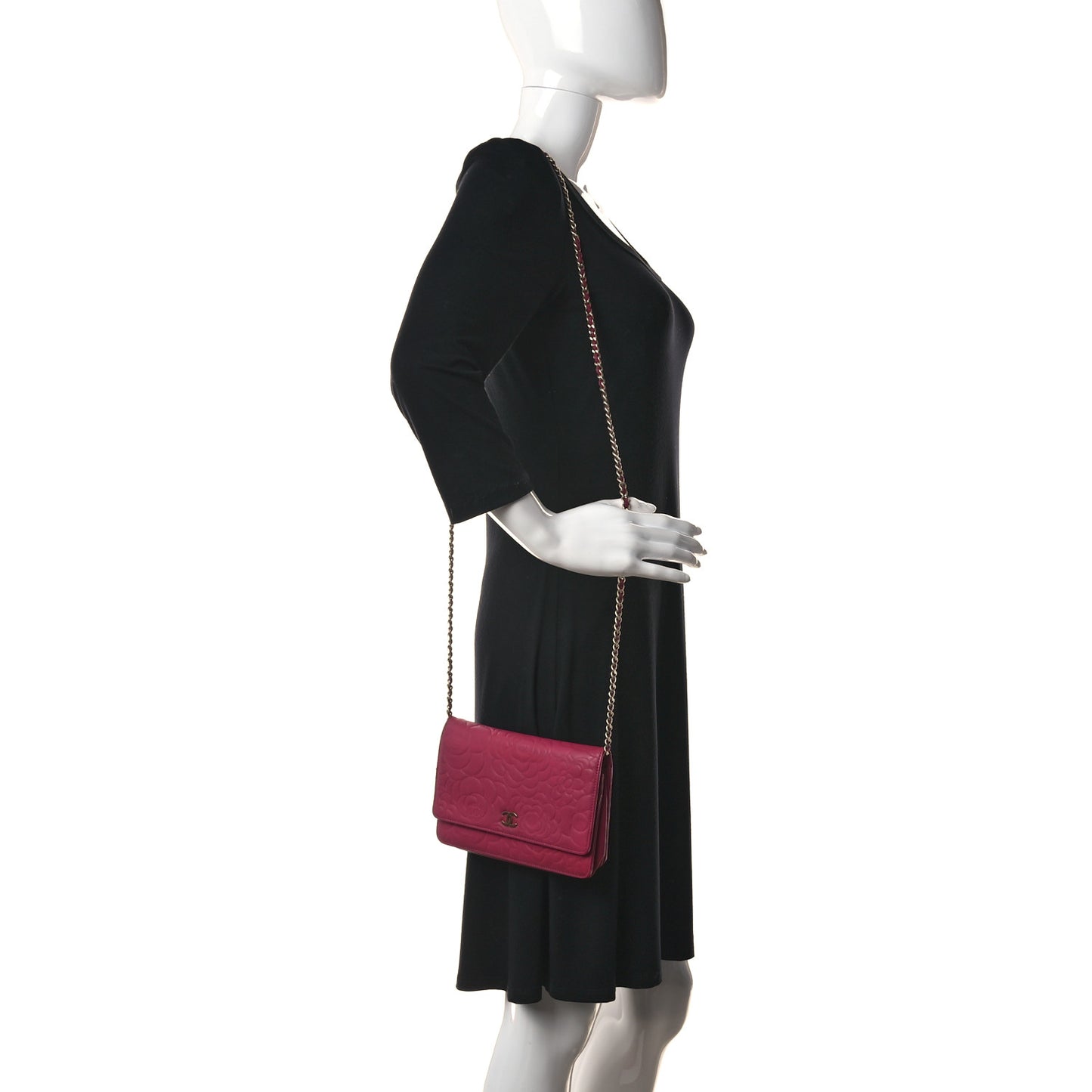 Lambskin Camellia Embossed Wallet on Chain WOC Fuchsia