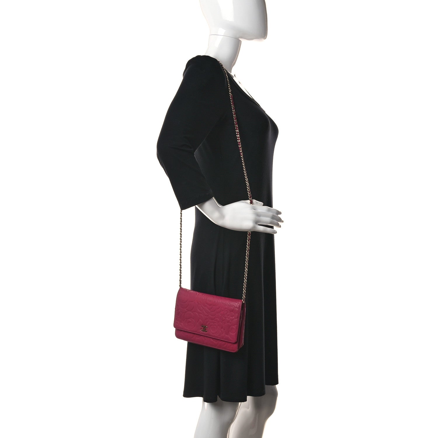 Chanel Lambskin Camellia Embossed Wallet on Chain WOC Fuchsia 3 of 13