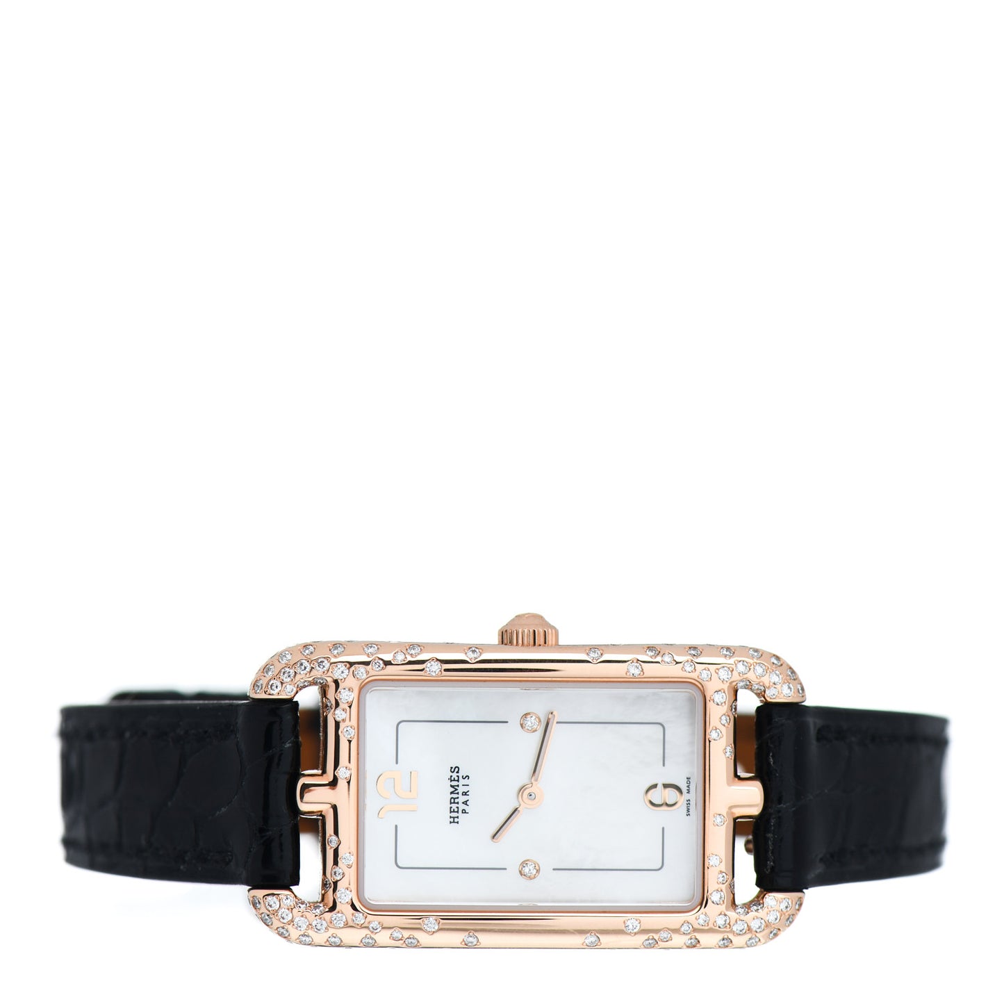 18K Rose Gold Alligator Diamond Mother of Pearl 20mm Nantucket Quartz Watch Noir