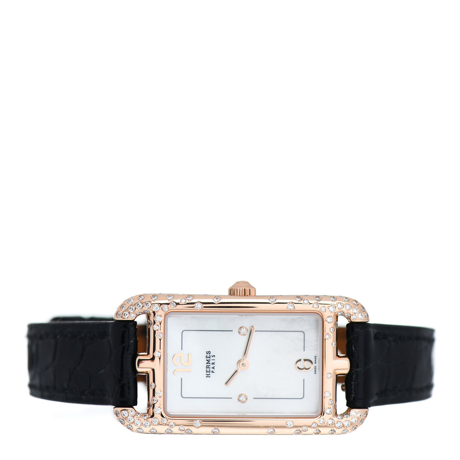 Hermes 18K Rose Gold Alligator Diamond Mother of Pearl 20mm Nantucket Quartz Watch Noir 2 of 5