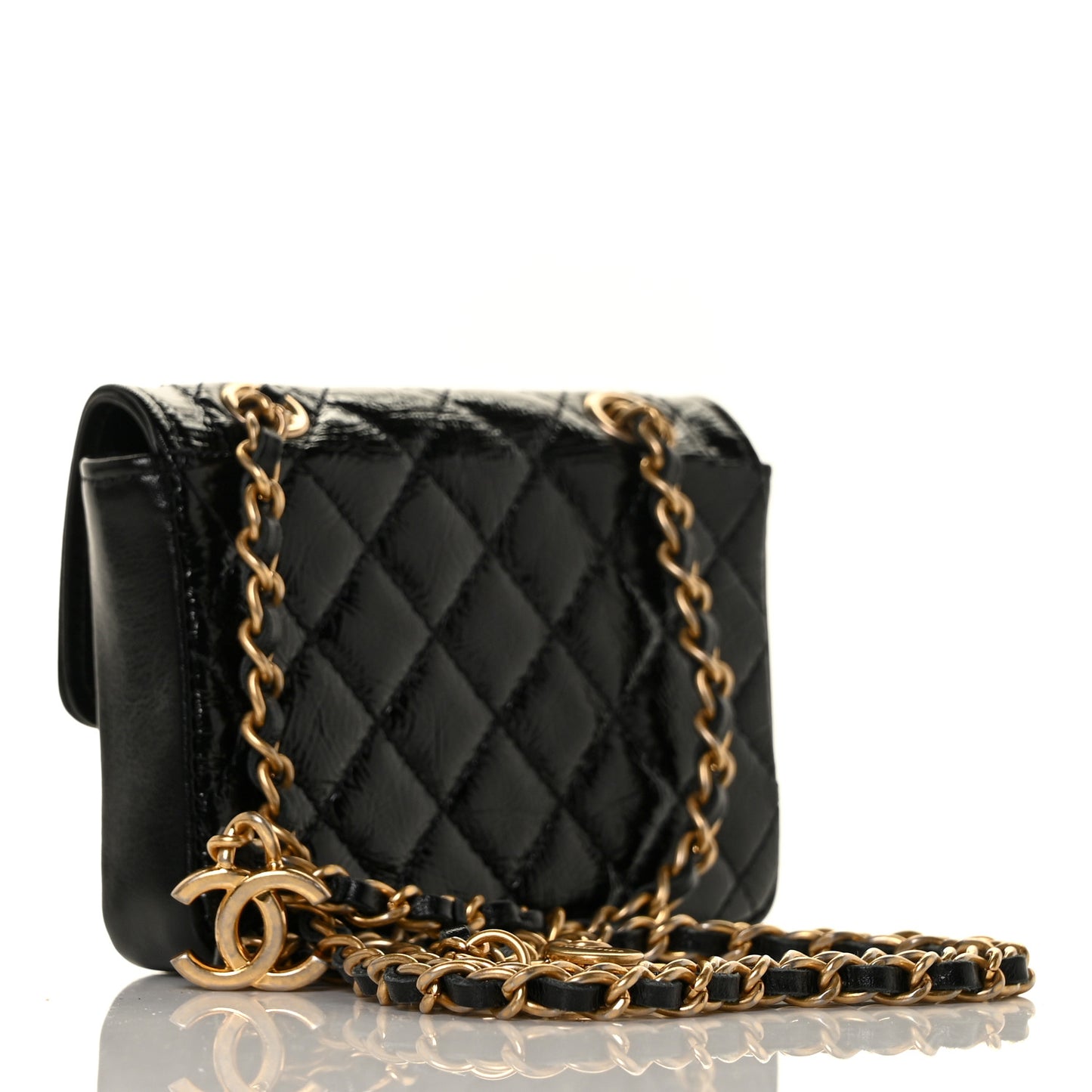 Shiny Aged Calfskin Quilted Waist Belt Bag Black