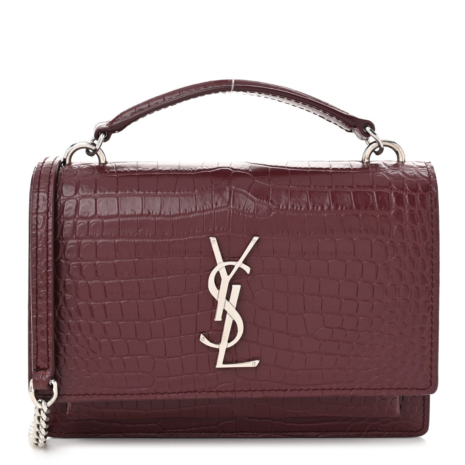 Saint Laurent Calfskin Crocodile Embossed Monogram Sunset Top Handle Chain Wallet Rouge Legion 1 of 9
