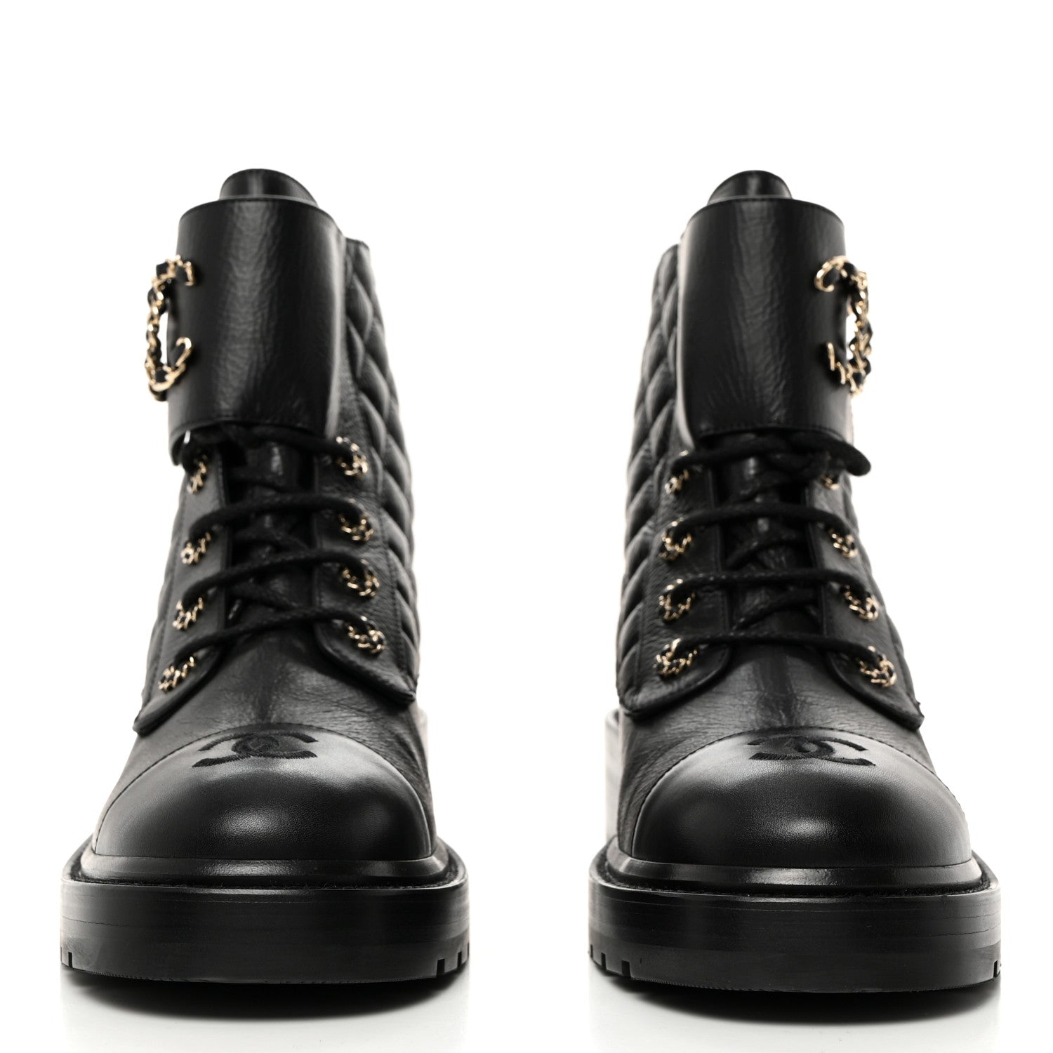 Chanel Shiny Goatskin Calfskin Quilted Lace Up Combat Boots 42 Black 2 of 8