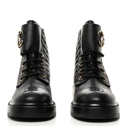 Chanel Shiny Goatskin Calfskin Quilted Lace Up Combat Boots 42 Black 2 of 8