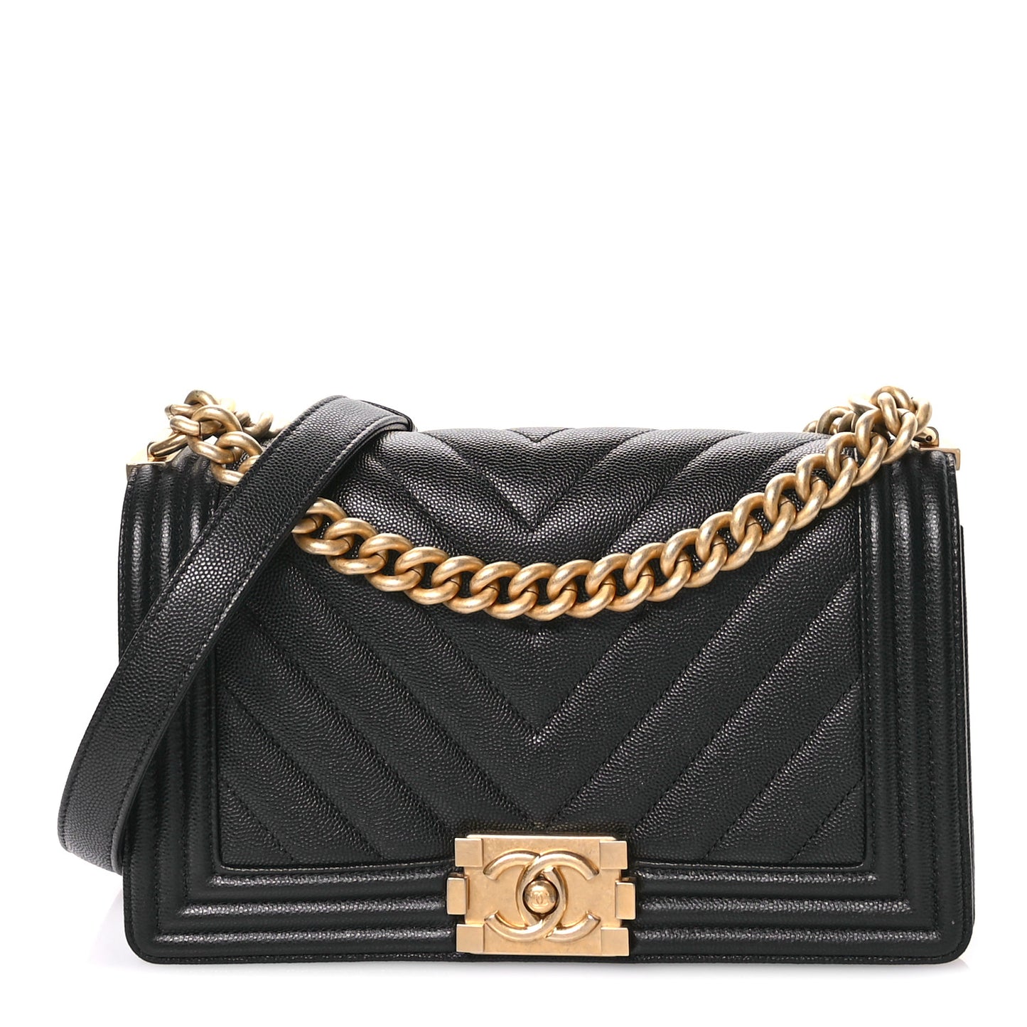 Caviar Chevron Quilted Medium Boy Flap Black